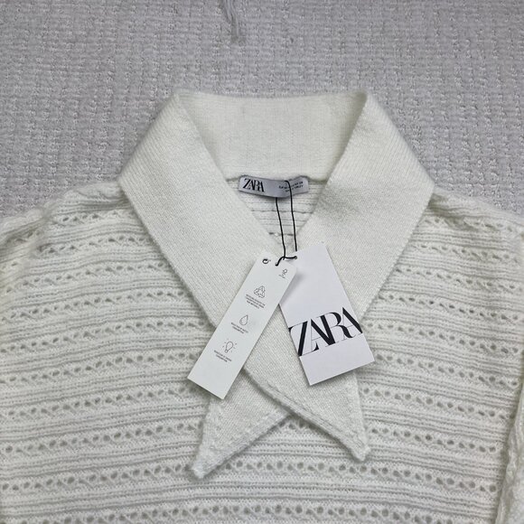 ZARA Women’s White Knit Sweater Size M NWT Bow Tie V-Neck Pullover Long Sleeve * - Picture 2 of 16